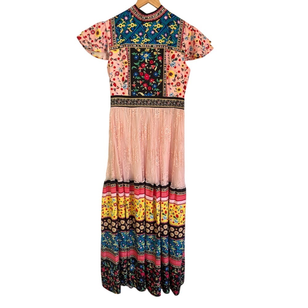 Pink Patchwork Floral Lace Tiered Maxi Dress Flutter Sleeve Boho High Neck